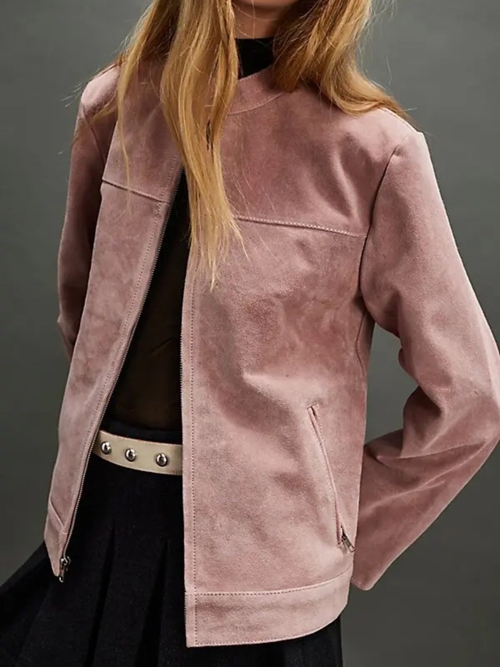 Understated Leather Free People Looker Light Pink Cow Suede Zip Moto Jacket Sz L - Picture 12 of 14